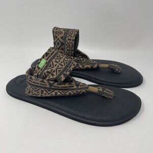 Sanuk Slingback Western Boho Flat Sandals Size 10 Yoga Mat Brown Black Stretch